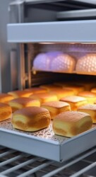 Frisch gebackene Brötchen auf einem Rost vor einem großen Ofen
